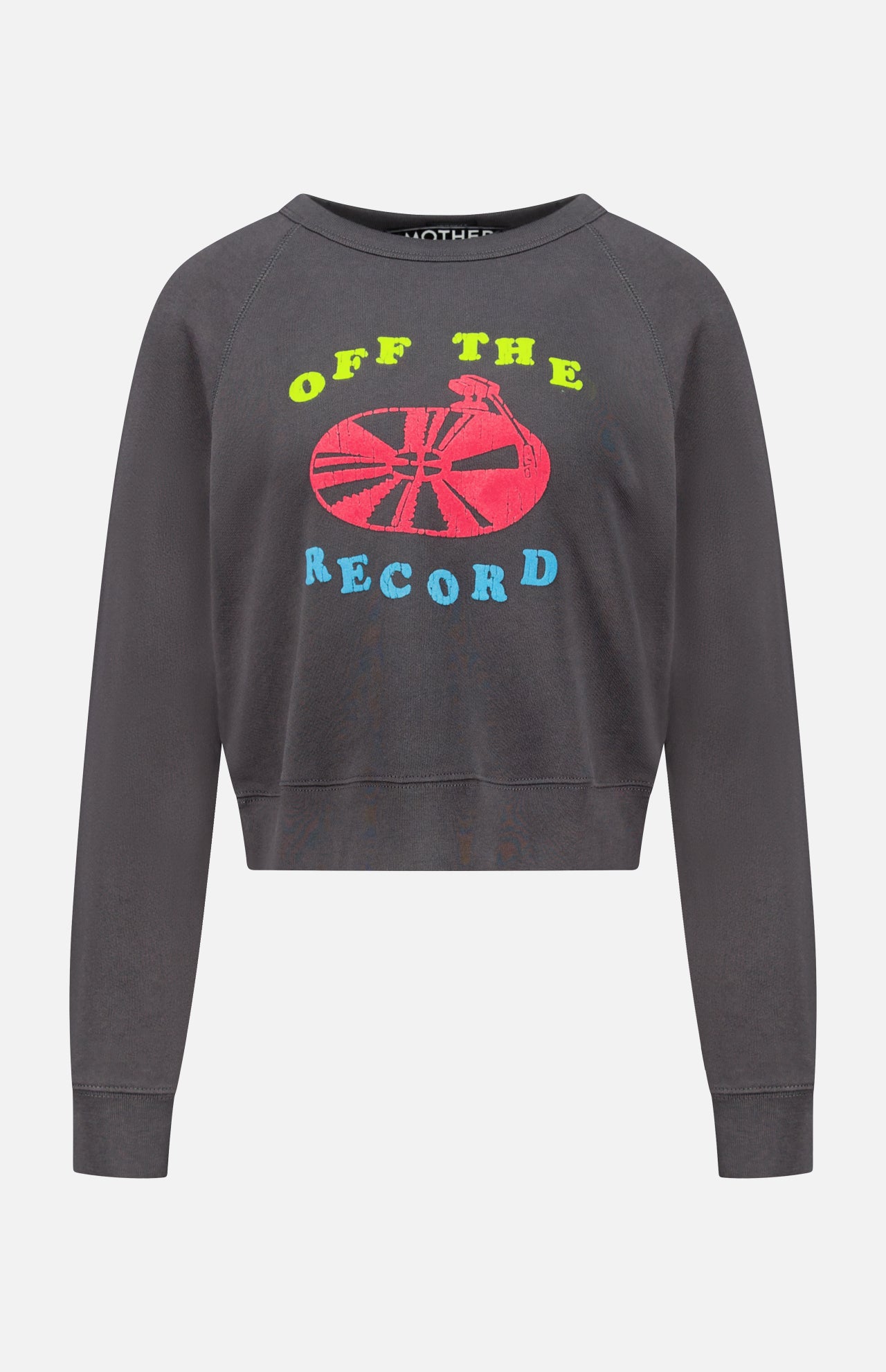 Charcoal grey Mother The Itty Concert Crewneck Sweatshirt featuring a record player graphic and the text OFF THE RECORD in yellow, red, and blue.
