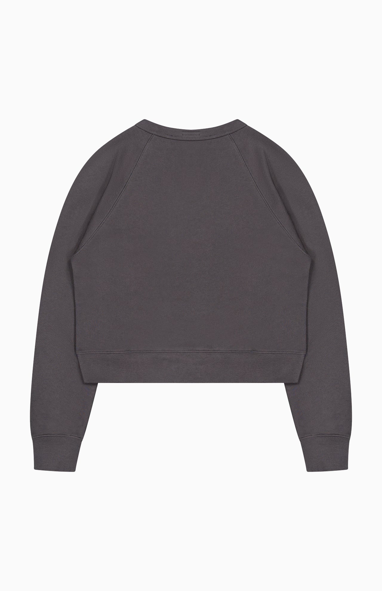 Back view of the charcoal grey Mother The Itty Concert Crewneck Sweatshirt, a cropped raglan style with long sleeves and ribbed trim.