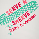 White background with a green tennis net illustration, red and pink "Serve N Swerve Tennis Tournament" text, and a green martini glass. The Itty Concert Tennis Sweater by MOTHER is a 100% cotton cropped raglan sweatshirt.