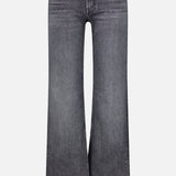 The Jinx Sneak Jeans in Cliffhanger by MOTHER are high-waisted, wide-leg dark grey jeans with a faded wash, crafted from comfortable stretch denim. They feature front and back pockets, a button and zip closure, and are displayed on a plain white background.