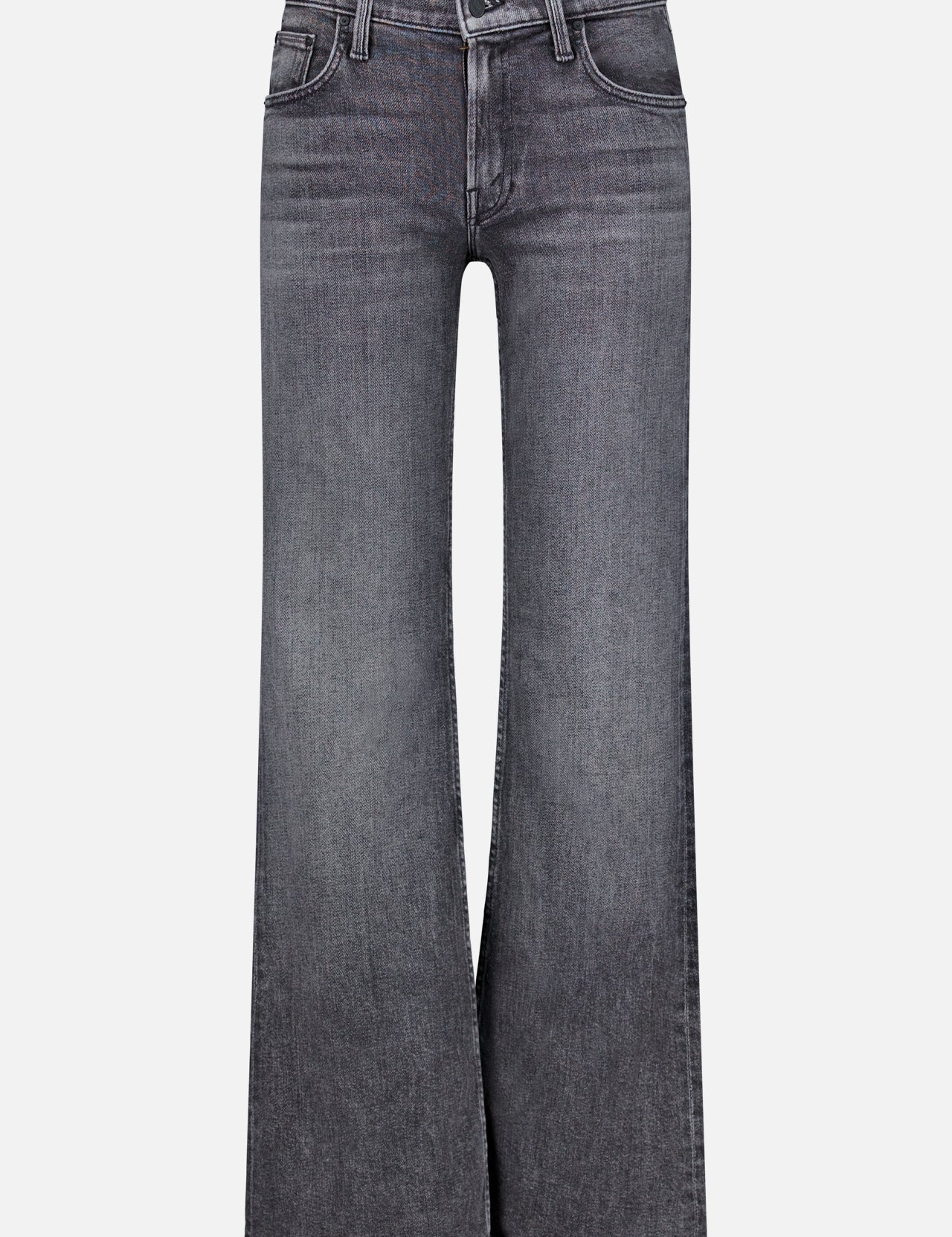 The Jinx Sneak Jeans in Cliffhanger by MOTHER are high-waisted, wide-leg dark grey jeans with a faded wash, crafted from comfortable stretch denim. They feature front and back pockets, a button and zip closure, and are displayed on a plain white background.