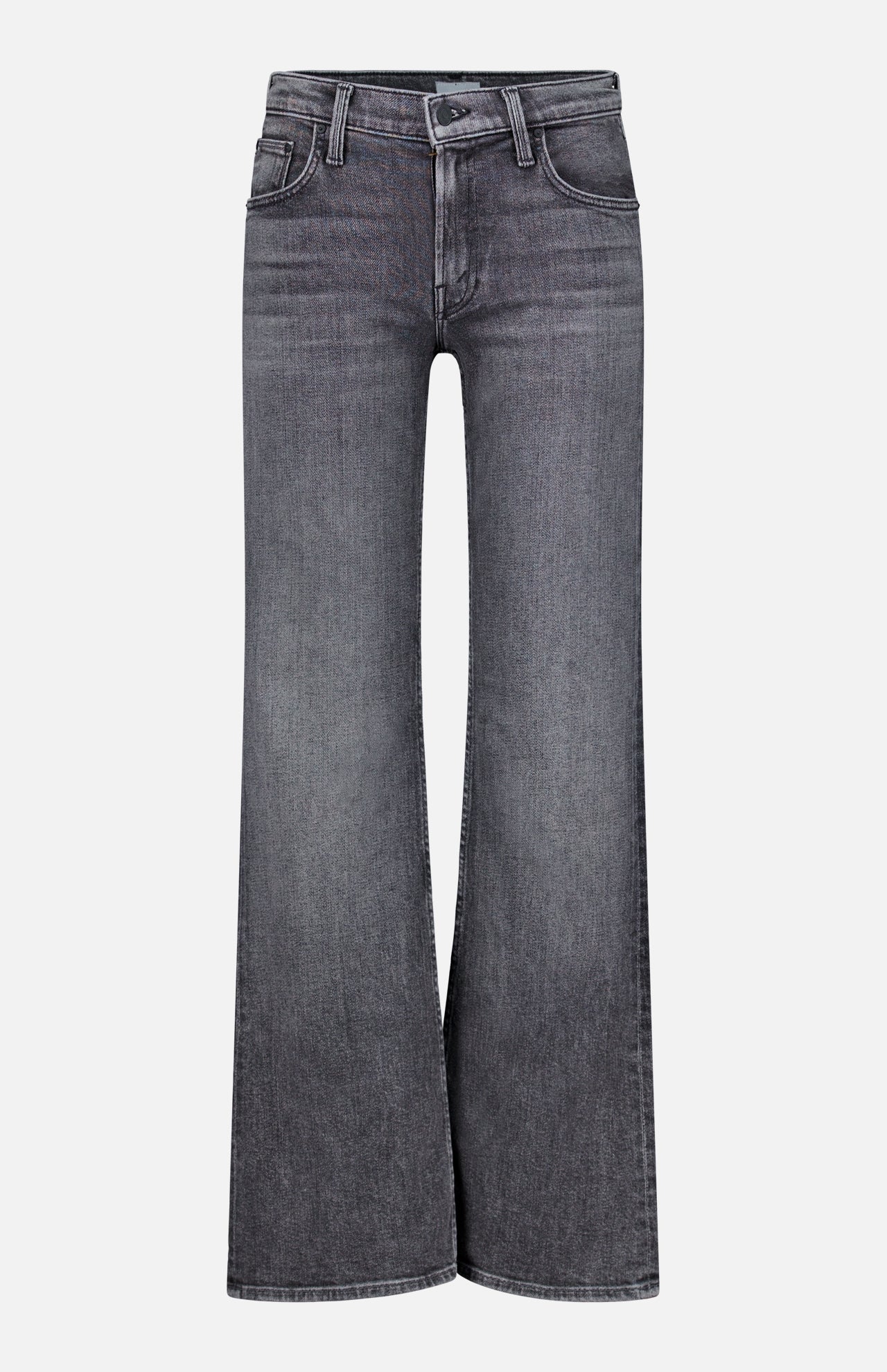 The Jinx Sneak Jeans in Cliffhanger by MOTHER are high-waisted, wide-leg dark grey jeans with a faded wash, crafted from comfortable stretch denim. They feature front and back pockets, a button and zip closure, and are displayed on a plain white background.
