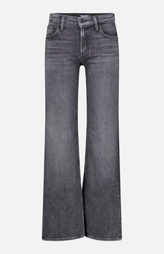 The Jinx Sneak Jeans in Cliffhanger by MOTHER are high-waisted, wide-leg dark grey jeans with a faded wash, crafted from comfortable stretch denim. They feature front and back pockets, a button and zip closure, and are displayed on a plain white background.
