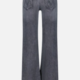 Back view of The Jinx Sneak Jeans in Cliffhanger by MOTHER—a pair of high-waisted, wide-leg, dark grey stretch denim jeans featuring two rear pockets and subtle fading on the fabric.