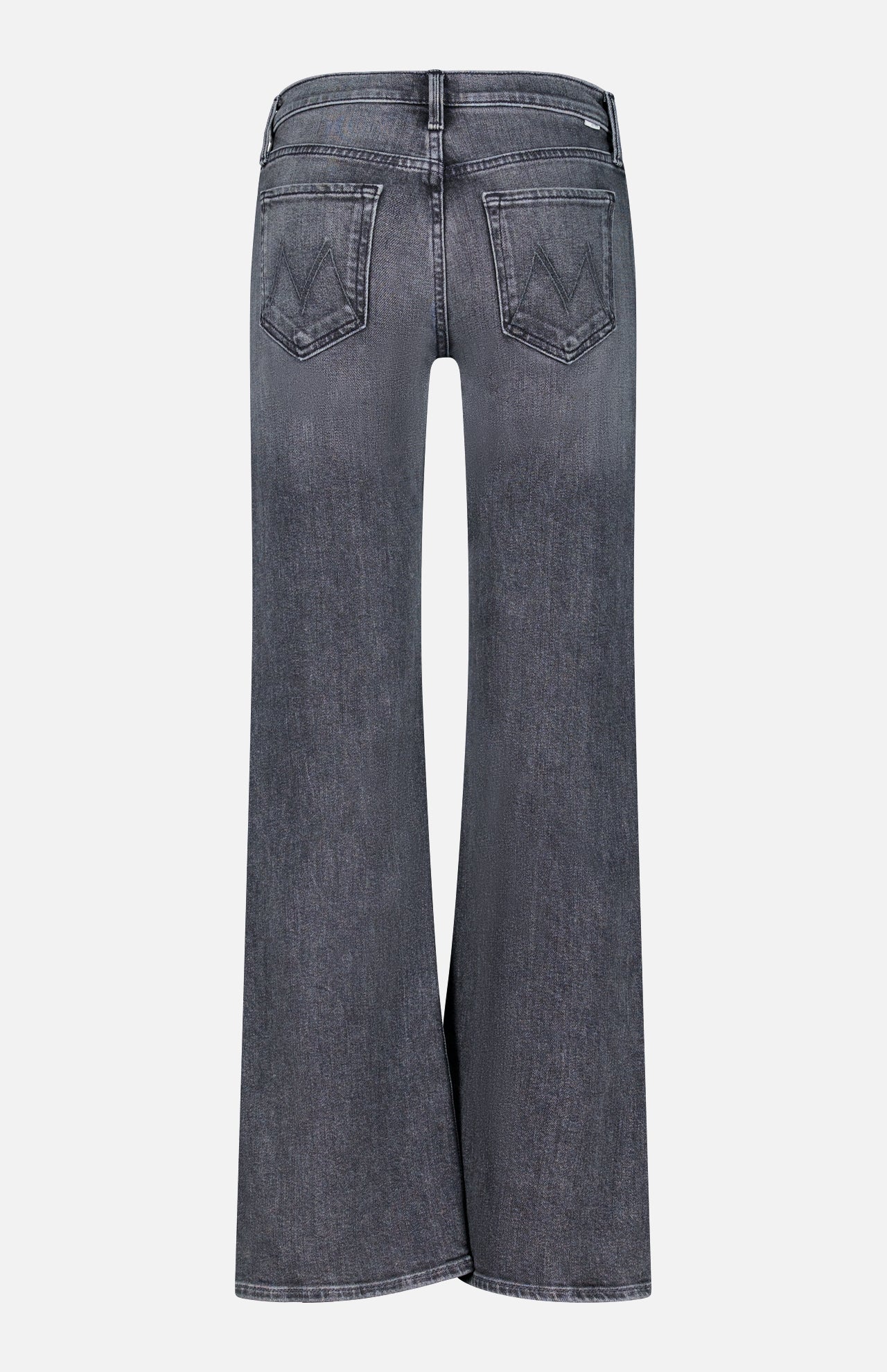 Back view of The Jinx Sneak Jeans in Cliffhanger by MOTHER—a pair of high-waisted, wide-leg, dark grey stretch denim jeans featuring two rear pockets and subtle fading on the fabric.