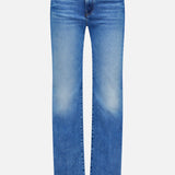 The Kick It Straight Leg Jean in Bitchin' by MOTHER features a high-rise fit, mid-blue stretch denim, subtle thigh fading, classic five-pocket style, and button-zip closure.