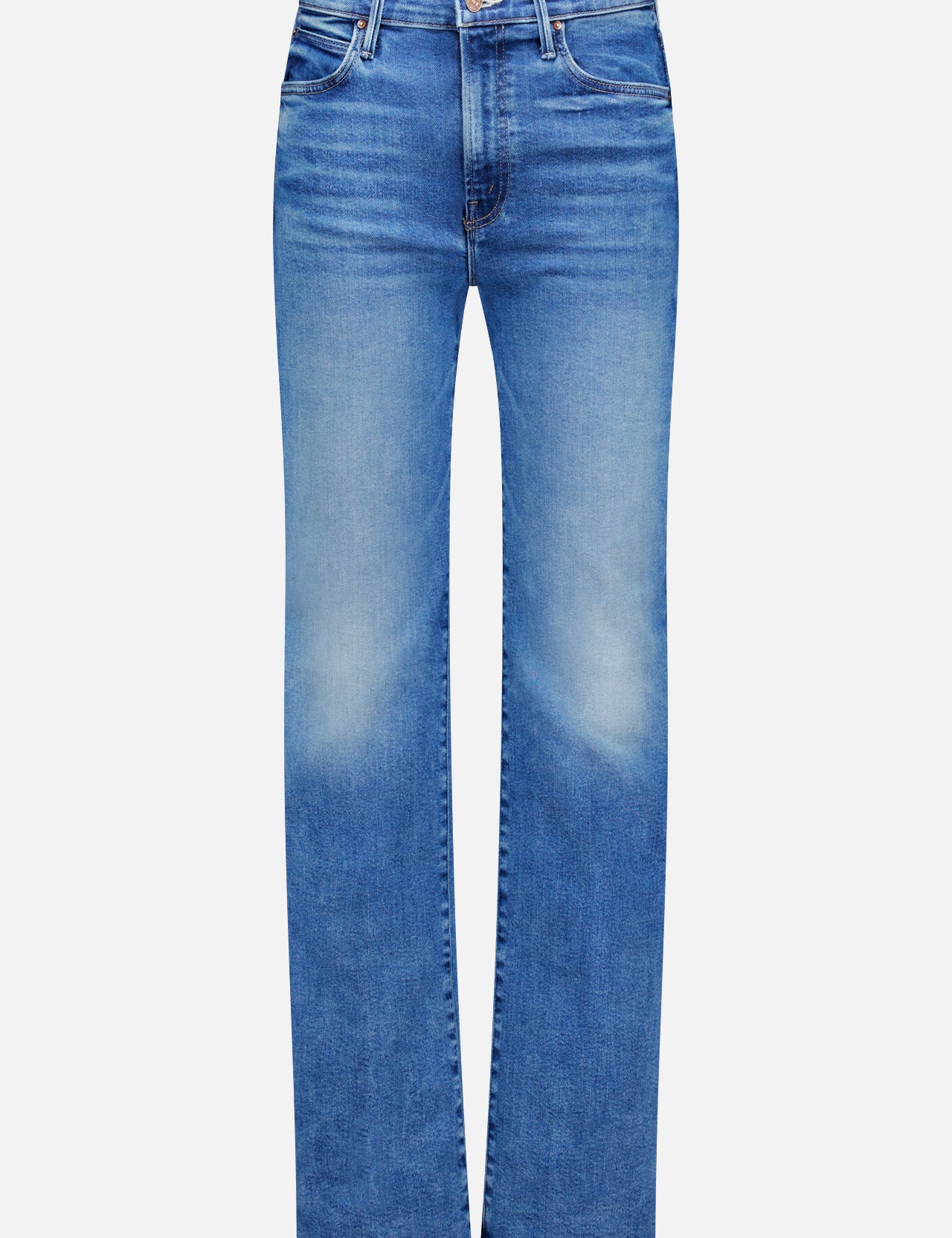 The Kick It Straight Leg Jean in Bitchin' by MOTHER features a high-rise fit, mid-blue stretch denim, subtle thigh fading, classic five-pocket style, and button-zip closure.