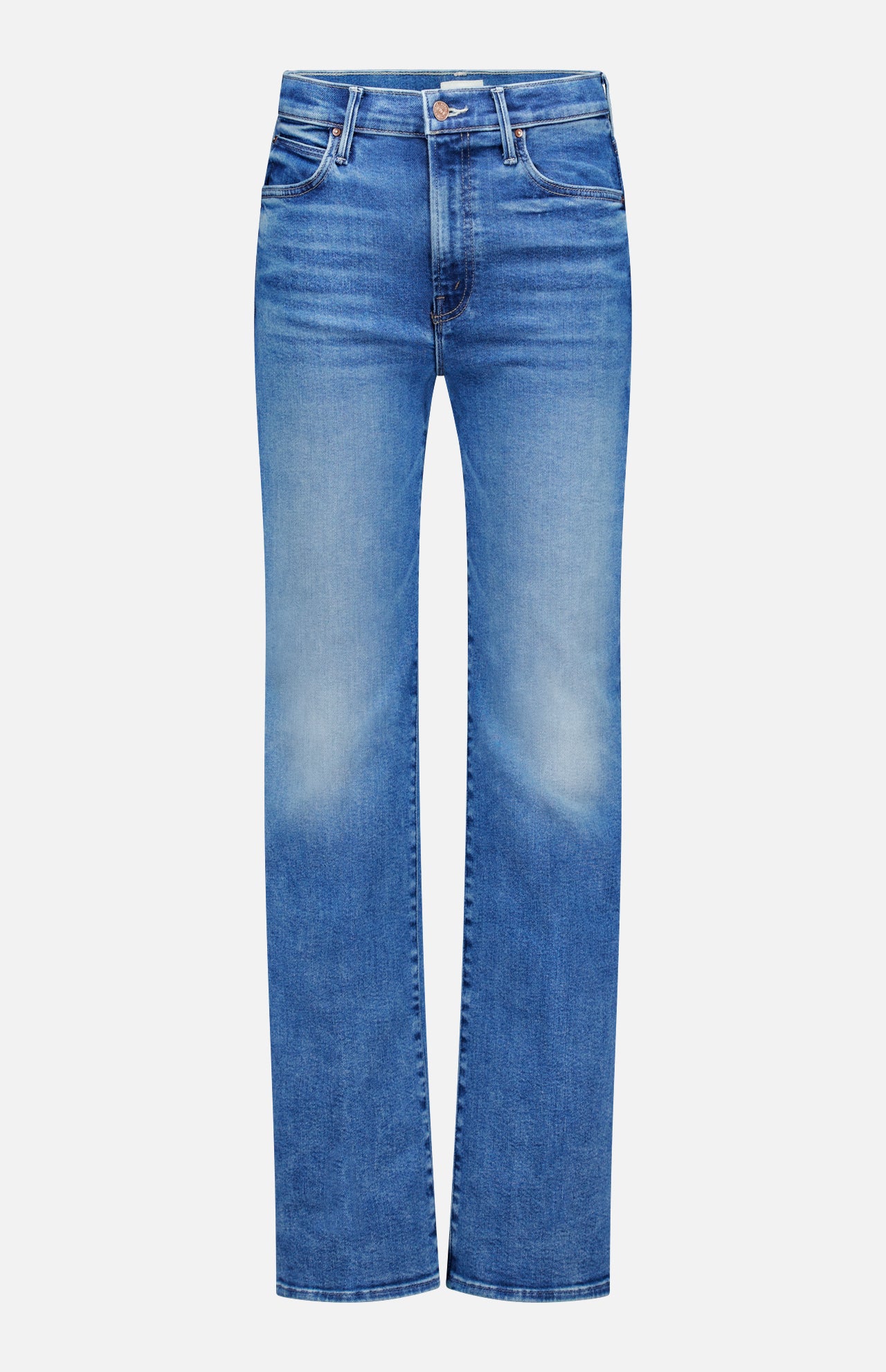 The Kick It Straight Leg Jean in Bitchin' by MOTHER features a high-rise fit, mid-blue stretch denim, subtle thigh fading, classic five-pocket style, and button-zip closure.