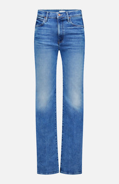 The Kick It Straight Leg Jean in Bitchin' by MOTHER features a high-rise fit, mid-blue stretch denim, subtle thigh fading, classic five-pocket style, and button-zip closure.