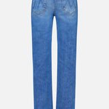 The Kick It Straight Leg Jean in Bitchin' by MOTHER features a mid-blue wash, high-rise fit, straight legs, back patch pockets with stitched detail, and belt loops on the waistband—shown from the back.