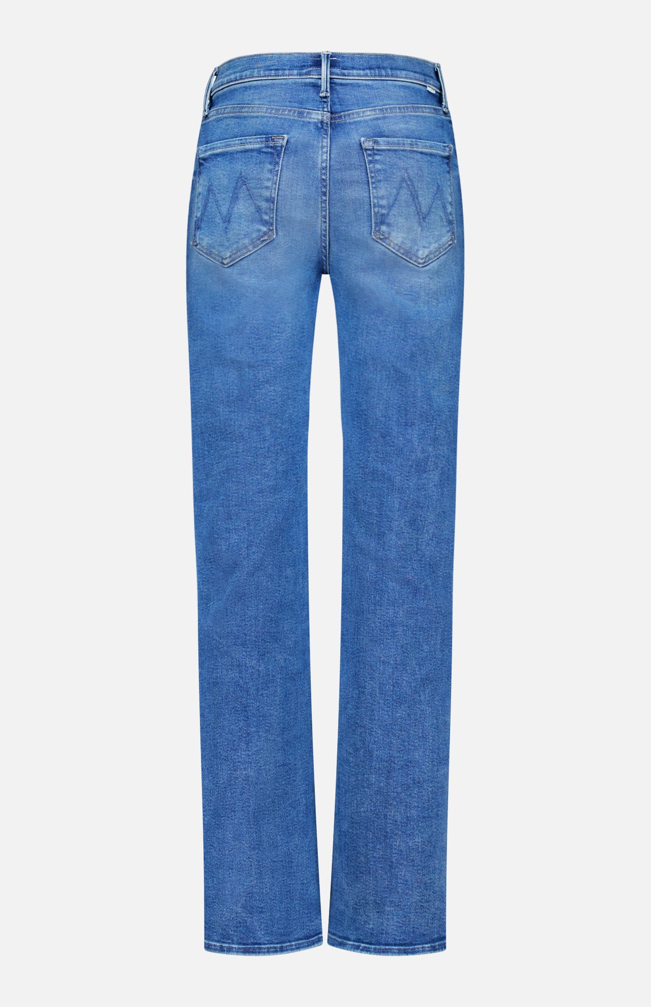 The Kick It Straight Leg Jean in Bitchin' by MOTHER features a mid-blue wash, high-rise fit, straight legs, back patch pockets with stitched detail, and belt loops on the waistband—shown from the back.