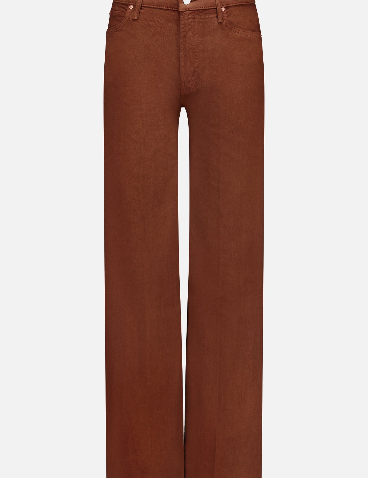 The Kick It Pant in Bison by MOTHER features a high-waisted, straight-leg silhouette with belt loops, front button, and zip closure—an ideal choice for achieving the timeless look of brown jeans. Displayed against a plain white background.
