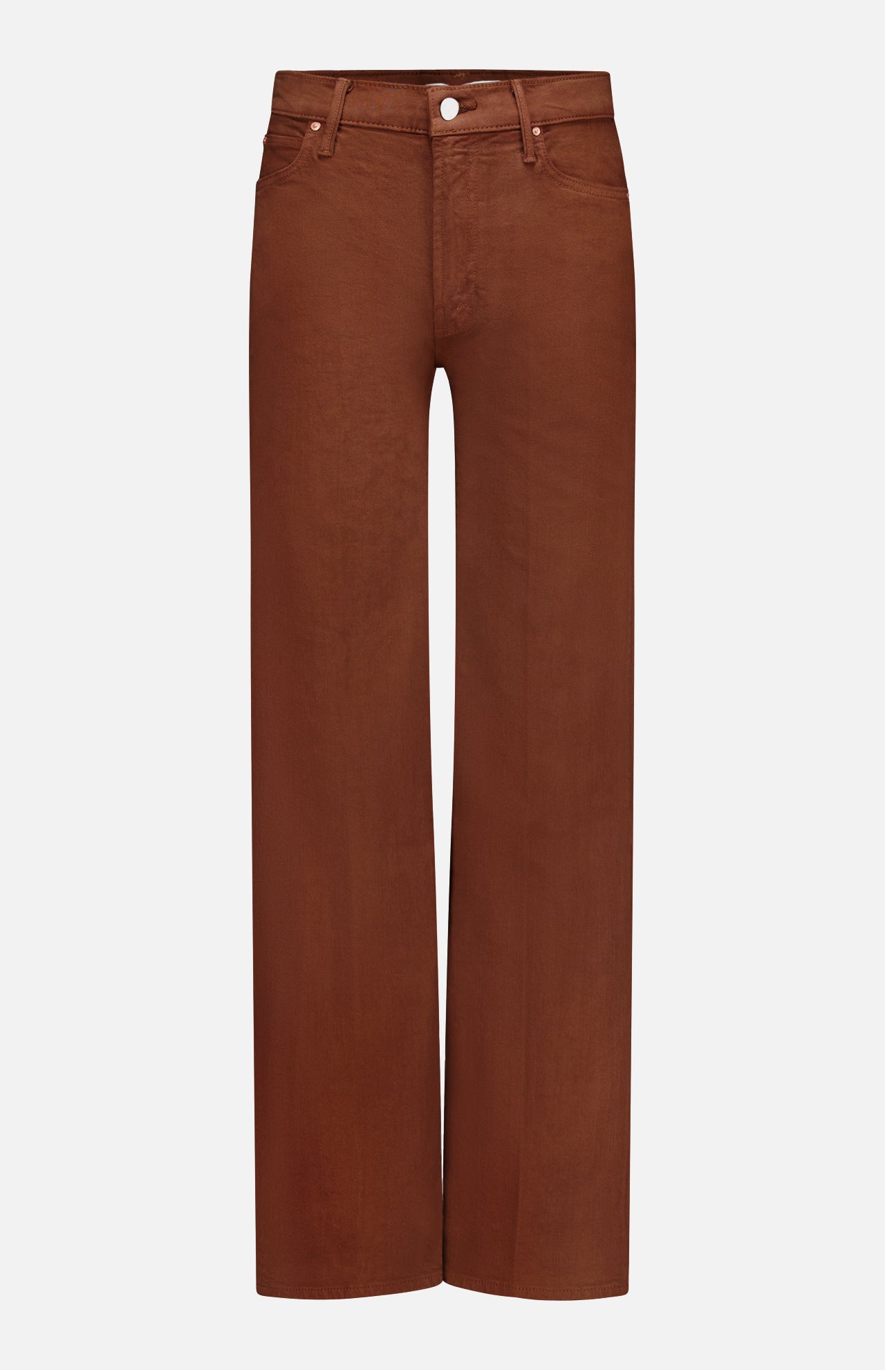 The Kick It Pant in Bison by MOTHER features a high-waisted, straight-leg silhouette with belt loops, front button, and zip closure—an ideal choice for achieving the timeless look of brown jeans. Displayed against a plain white background.