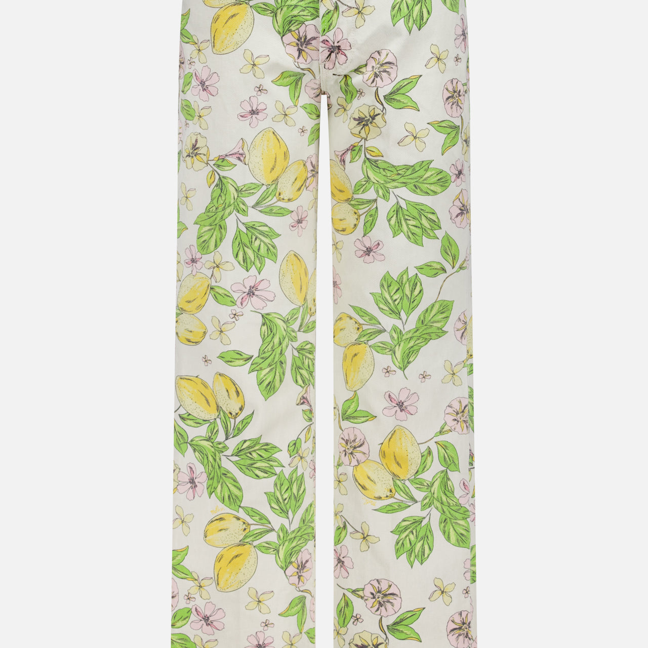 The Kick It Pant in Lemonade Stand by MOTHER features a white high-rise straight leg silhouette with a pastel lemon blossom print, green leaves, and yellow lemons. Crafted from rigid cotton denim with belt loops and pockets.