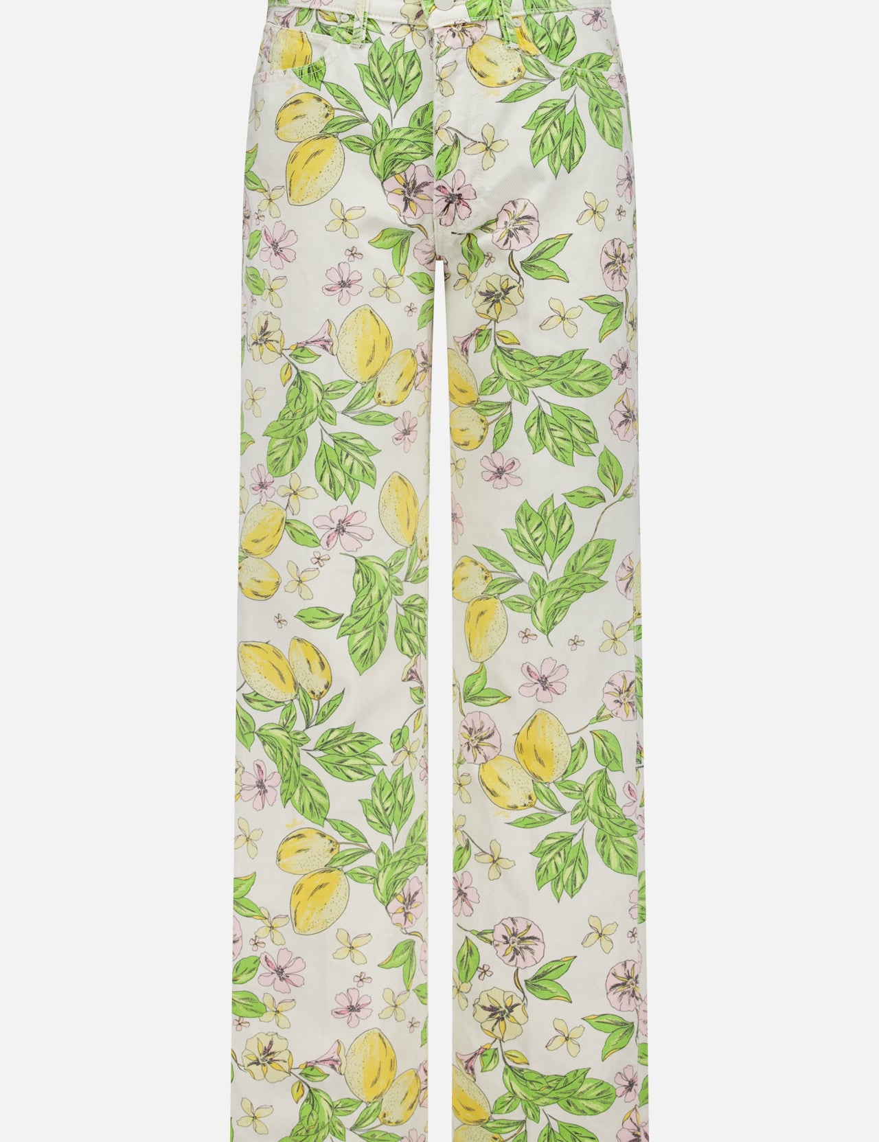 The Kick It Pant in Lemonade Stand by MOTHER features a white high-rise straight leg silhouette with a pastel lemon blossom print, green leaves, and yellow lemons. Crafted from rigid cotton denim with belt loops and pockets.