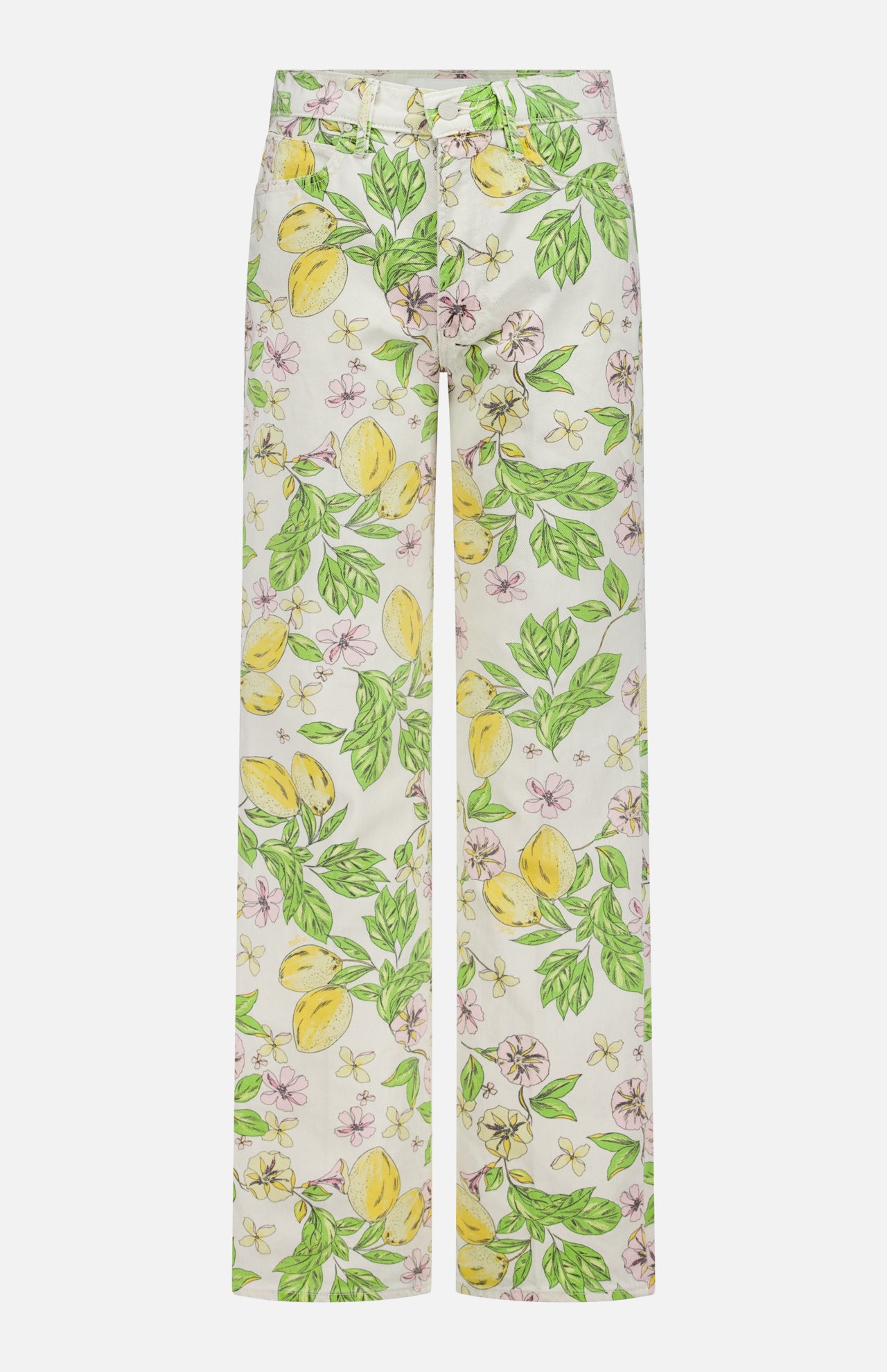 The Kick It Pant in Lemonade Stand by MOTHER features a white high-rise straight leg silhouette with a pastel lemon blossom print, green leaves, and yellow lemons. Crafted from rigid cotton denim with belt loops and pockets.