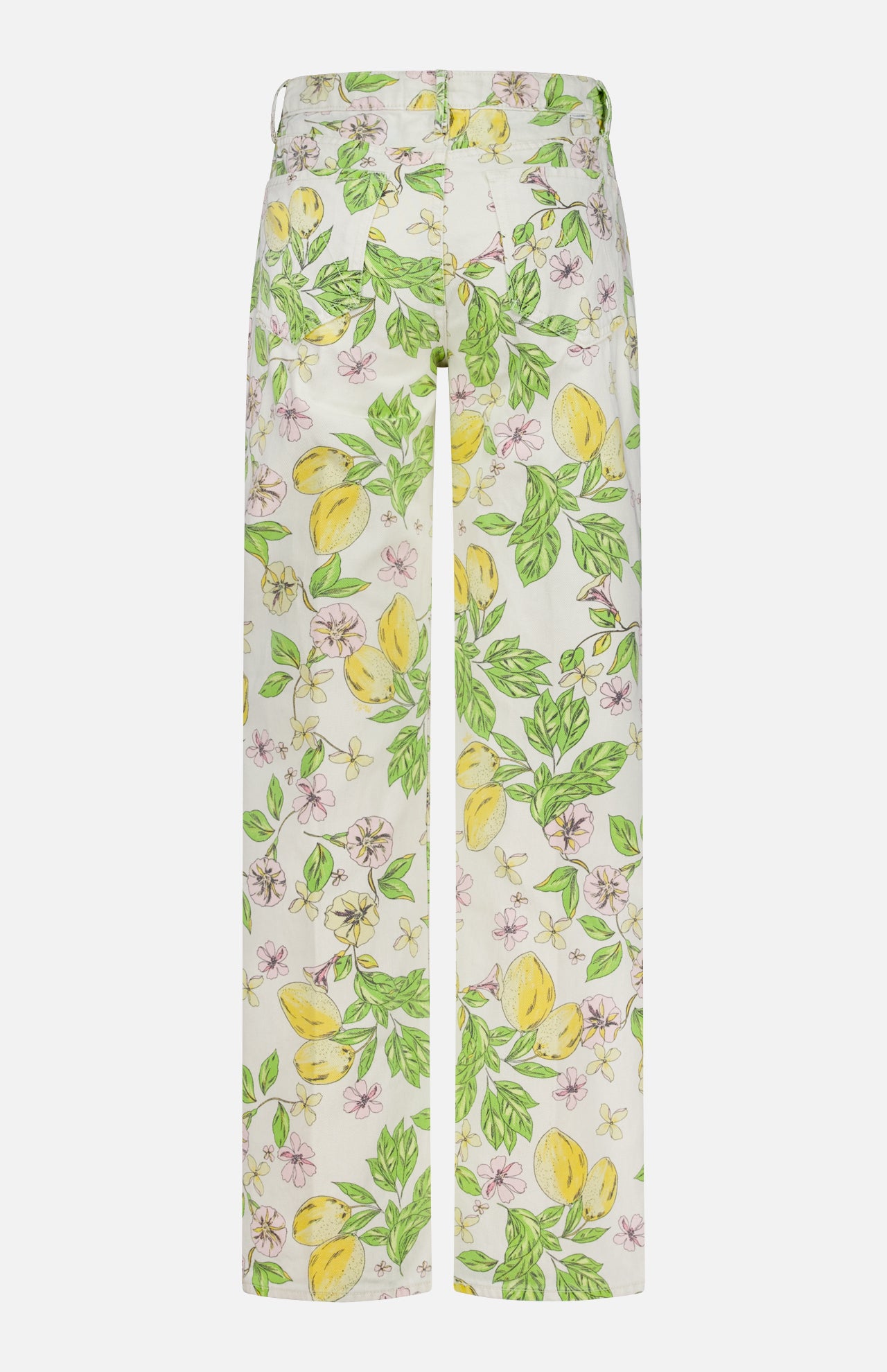 The Kick It Pant in Lemonade Stand by MOTHER features a high-waist, wide-leg silhouette in rigid cotton denim with a white backdrop adorned with yellow lemons, green leaves, and pink flowers.