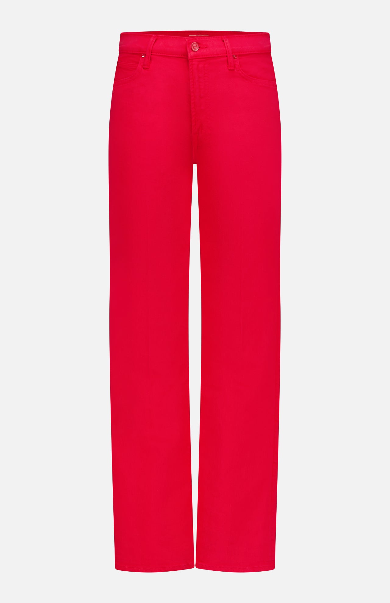 The Kick It Pant in Tango Red by MOTHER features a high-rise straight-leg fit, button and zipper closure, and front and back pockets, shown against a plain white background.