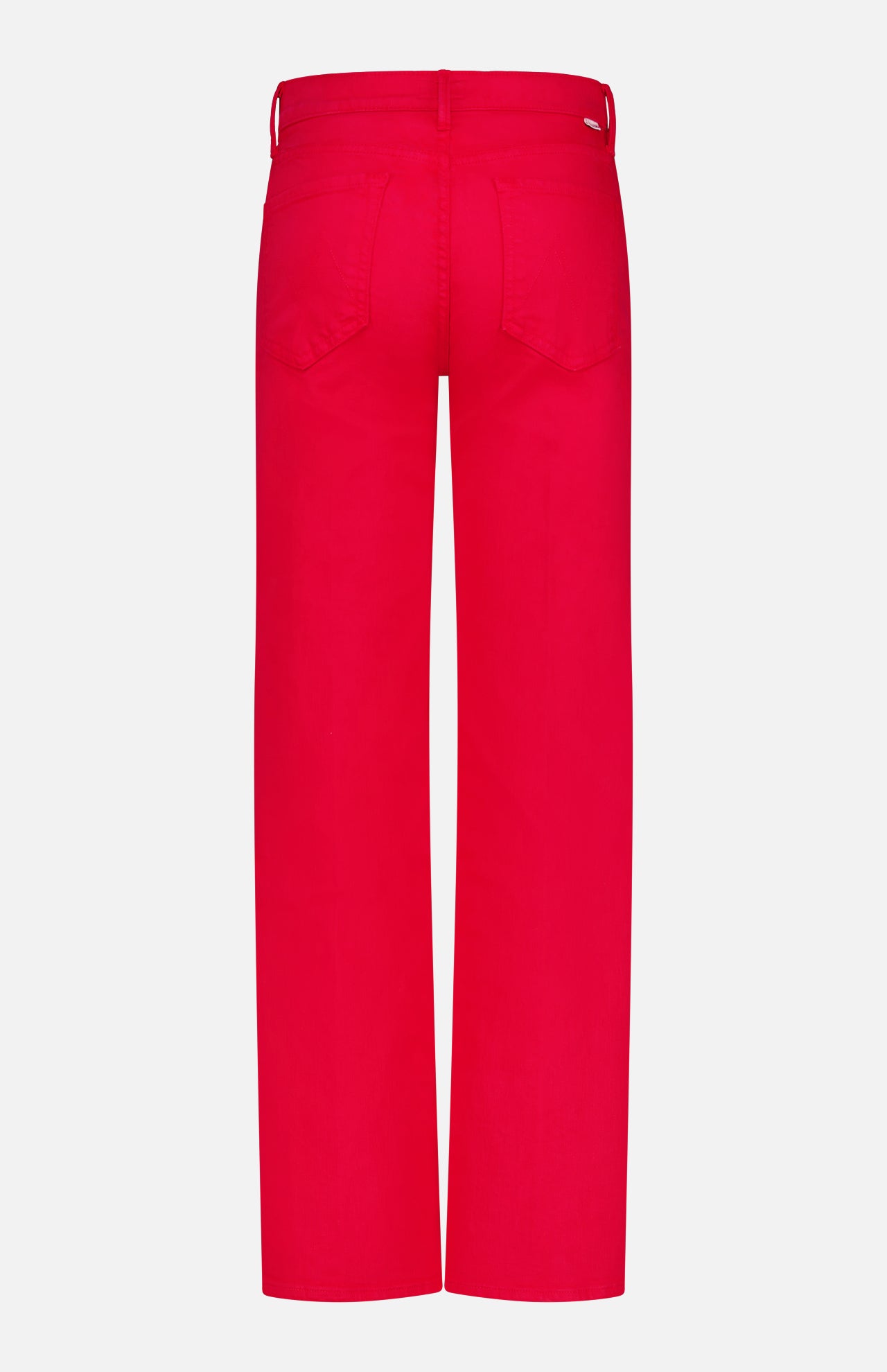 The Kick It Pant in Tango Red by MOTHER, shown from the back on a white background, features a bright red straight-leg design with two back pockets and belt loops.