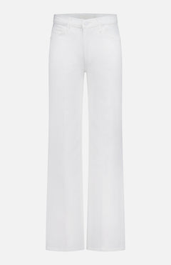 The Kick It Pant in Totally Innocent by MOTHER features a white high-rise wide-leg design with front and back pockets, belt loops, and a button-zip closure, shown on a plain white background.