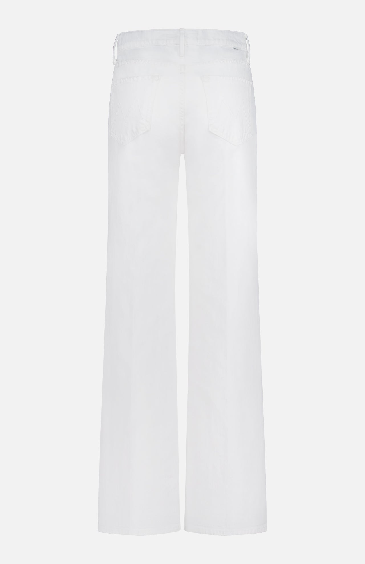 The Kick It Pant in Totally Innocent by MOTHER is a pair of white straight leg jeans shown from the back, featuring two back pockets and belt loops, displayed against a plain white background.