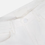 Close-up of the waistband and upper section of MOTHER’s The Kick It Pant in Totally Innocent, featuring a high-rise fit, button closure, belt loops, and front pockets against a white background.
