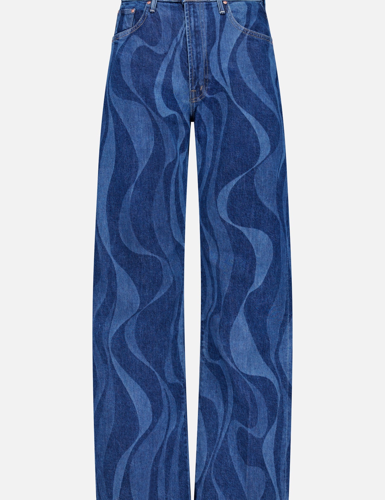 The Lasso Sneak Abstract Print Jean by MOTHER features a high-rise, wide-leg blue denim design with wavy abstract stripes in two shades, front pockets, belt loops, and a button-zipper closure.