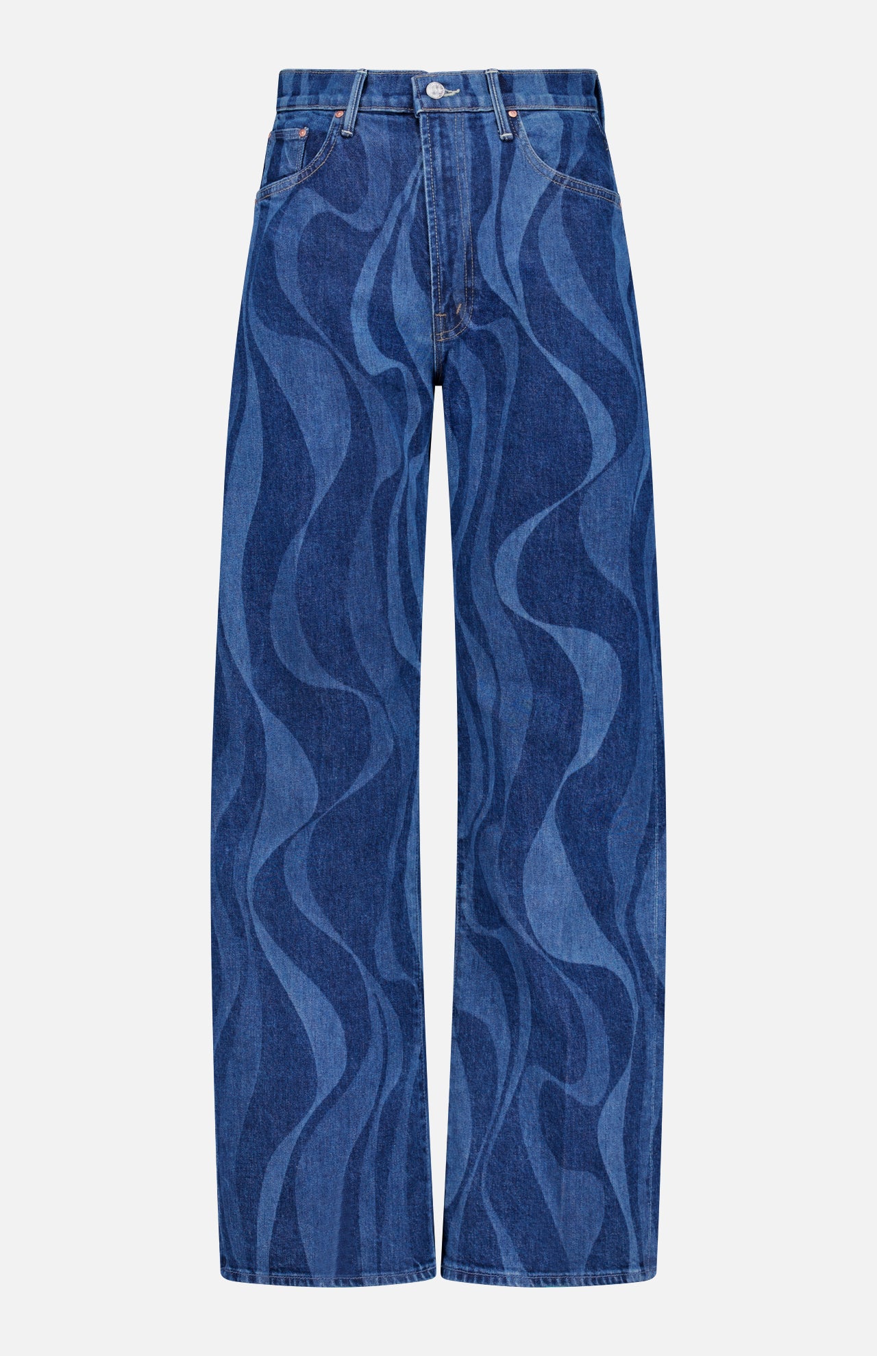 The Lasso Sneak Abstract Print Jean by MOTHER features a high-rise, wide-leg blue denim design with wavy abstract stripes in two shades, front pockets, belt loops, and a button-zipper closure.