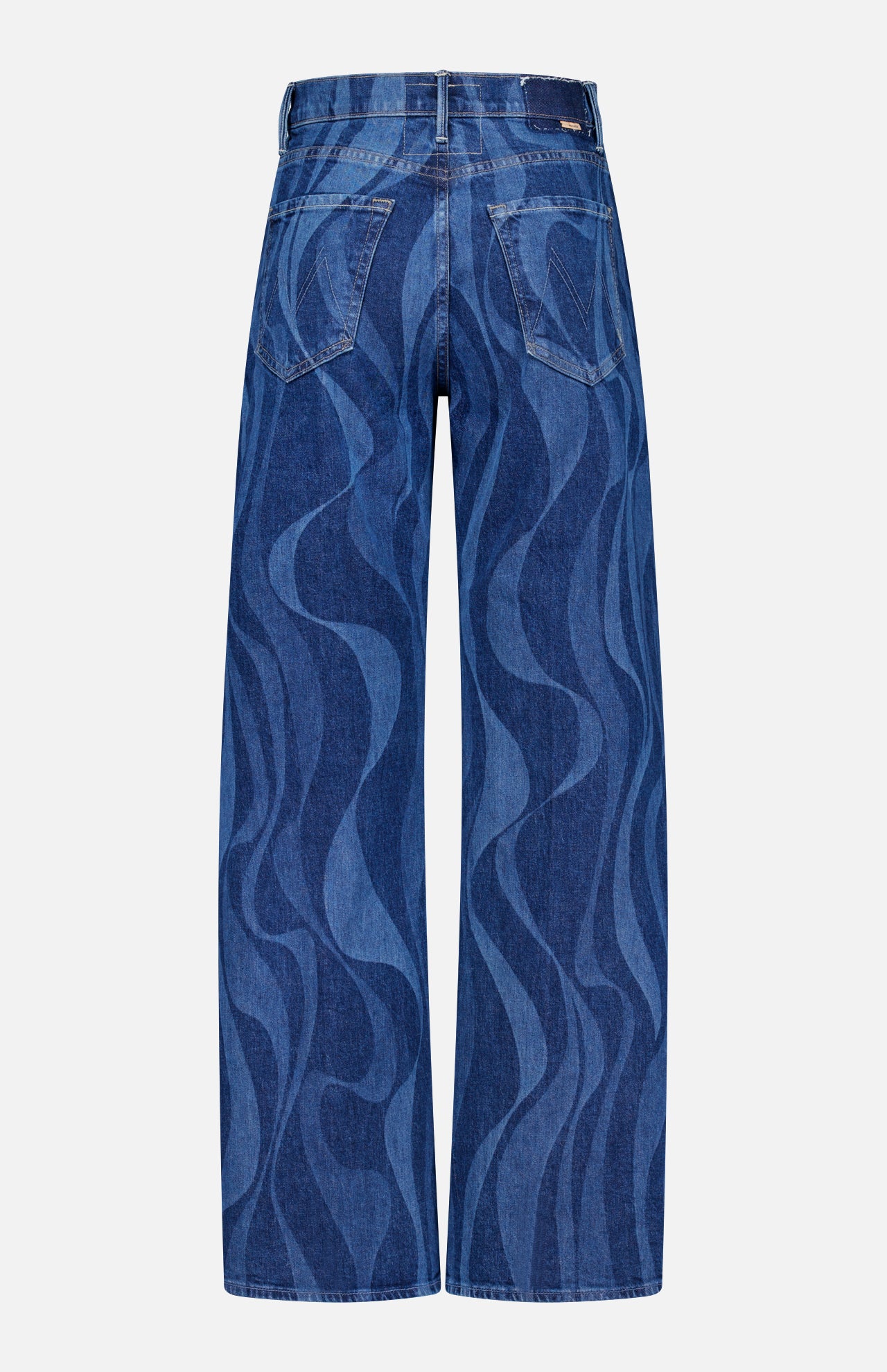 The Lasso Sneak Abstract Print Jean by MOTHER features a high-rise, wide-leg fit, blue-toned abstract stripes, and two back pockets. Shown from the back against a plain white background.