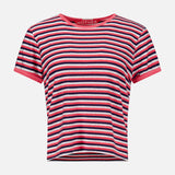 The Lil Goodie Ringer T-shirt is a short-sleeved glittery ringer t-shirt with pink, navy, and white horizontal stripes, featuring a pink crew neckline and sleeve cuffs.