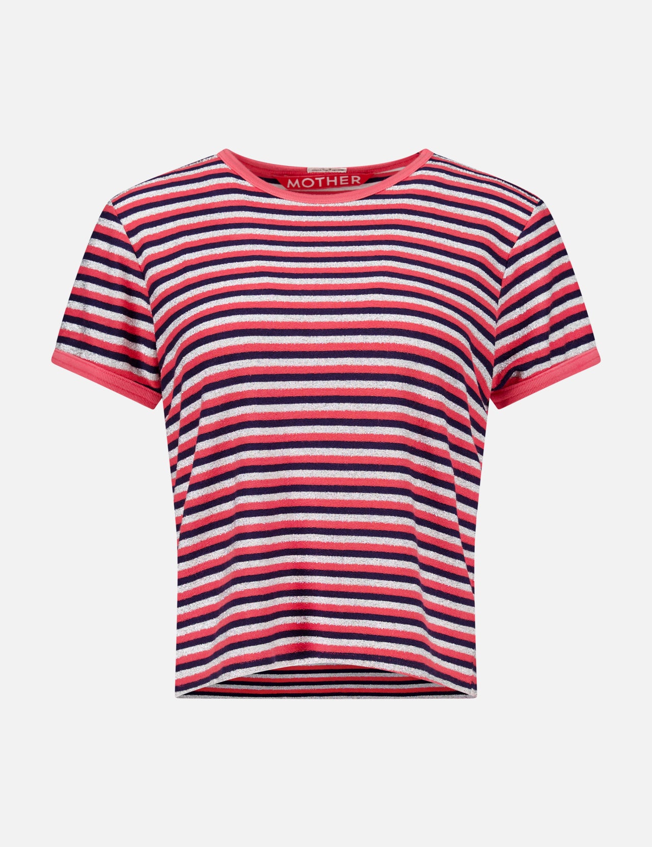 The Lil Goodie Ringer T-shirt is a short-sleeved glittery ringer t-shirt with pink, navy, and white horizontal stripes, featuring a pink crew neckline and sleeve cuffs.