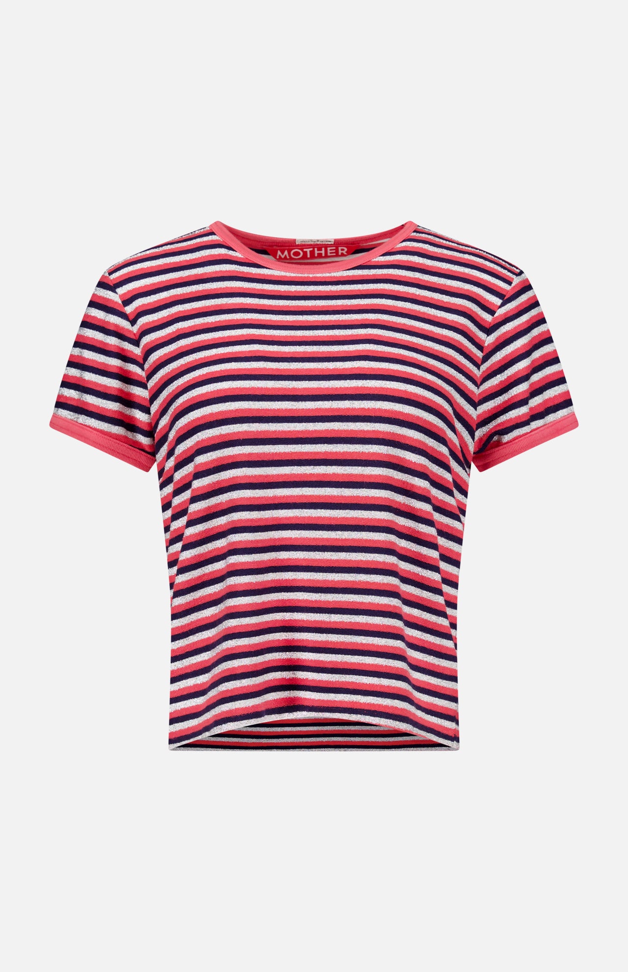 The Lil Goodie Ringer T-shirt is a short-sleeved glittery ringer t-shirt with pink, navy, and white horizontal stripes, featuring a pink crew neckline and sleeve cuffs.