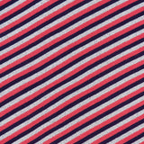 Close-up of The Lil Goodie Ringer T-shirt, a glittery, cropped ringer tee featuring diagonal stripes in red, white, and navy blue with a pink ribbed crew neckline.