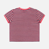 Back view of the Mother The Lil Goodie Ringer T-shirt, a cropped crew neck with thin horizontal stripes in red, white, and dark blue, finished with a solid red neckline and sleeve cuffs.