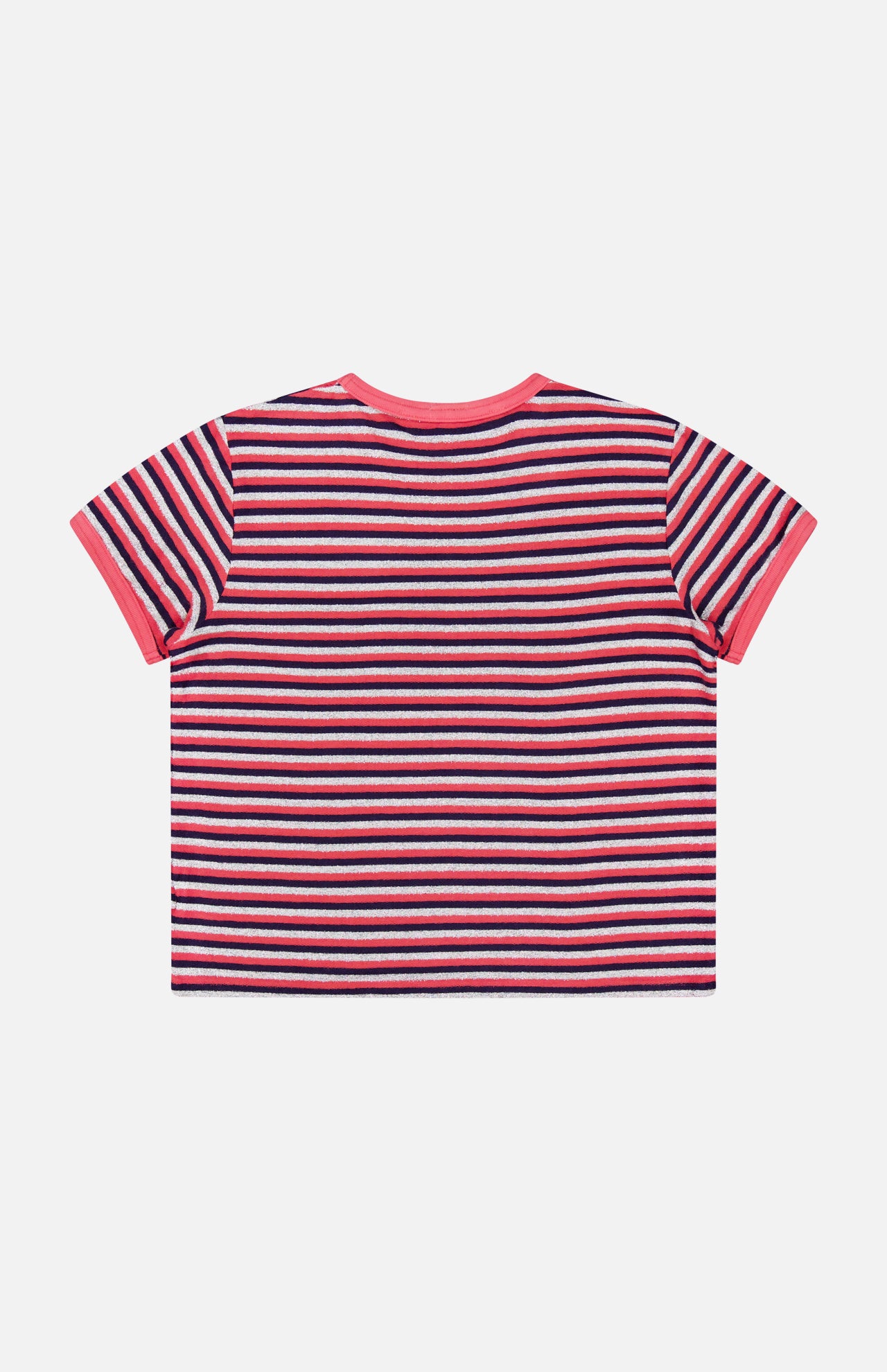 Back view of the Mother The Lil Goodie Ringer T-shirt, a cropped crew neck with thin horizontal stripes in red, white, and dark blue, finished with a solid red neckline and sleeve cuffs.