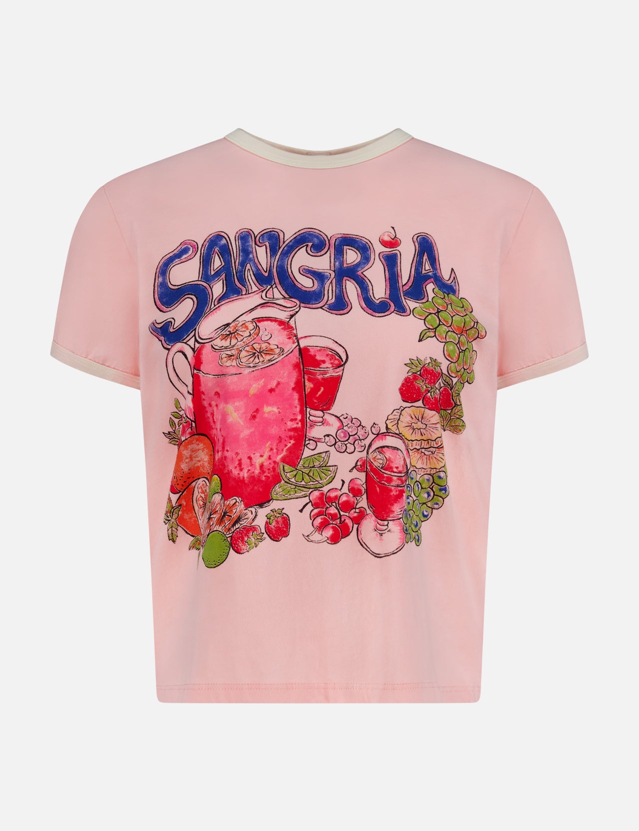 The Lil Goodie Ringer Sangria T-shirt by MOTHER is a light pink, recycled cotton-blend tee featuring a fruity sangria pitcher graphic and bold blue “SANGRIA” lettering on the back.