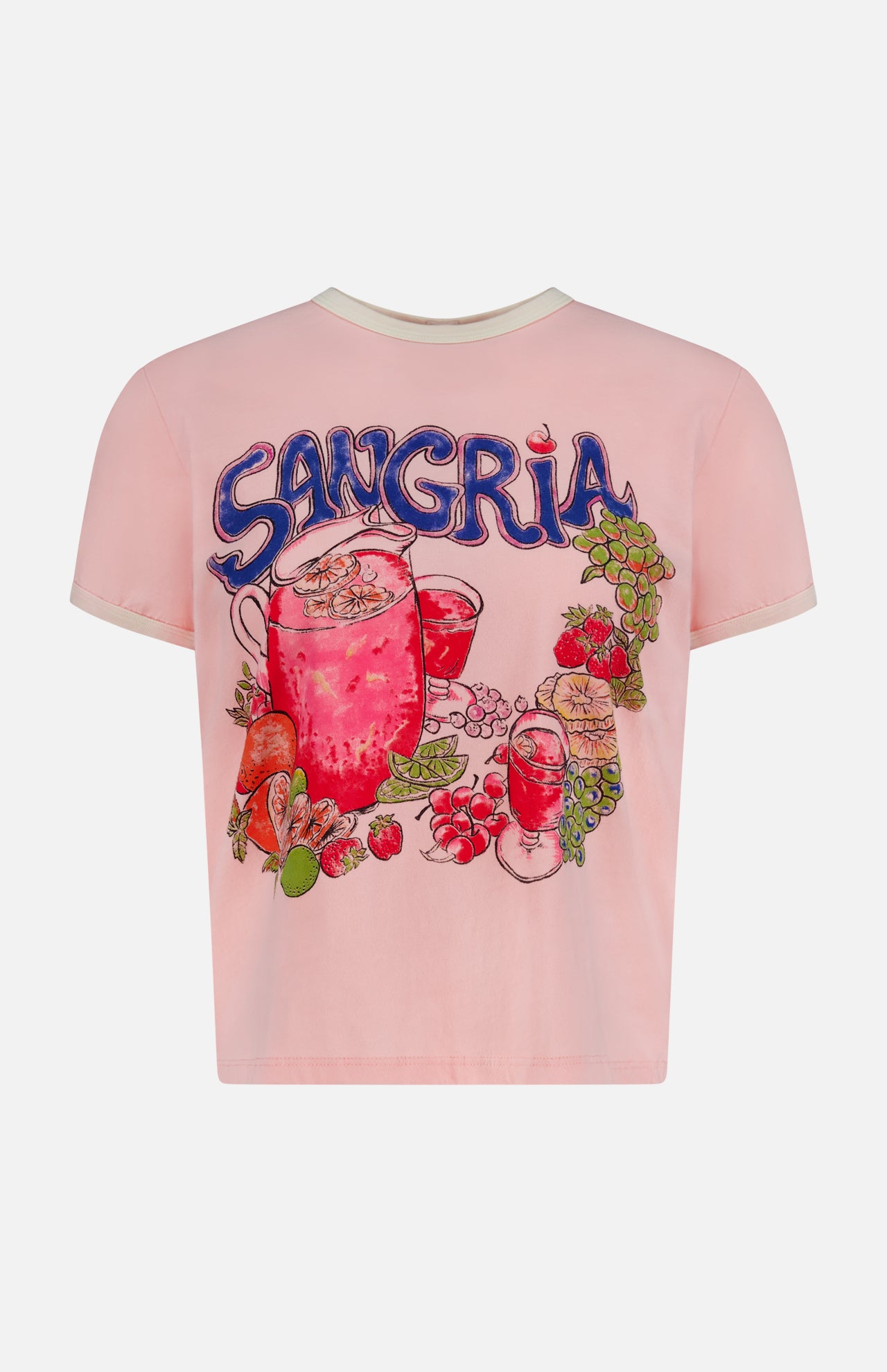 The Lil Goodie Ringer Sangria T-shirt by MOTHER is a light pink, recycled cotton-blend tee featuring a fruity sangria pitcher graphic and bold blue “SANGRIA” lettering on the back.