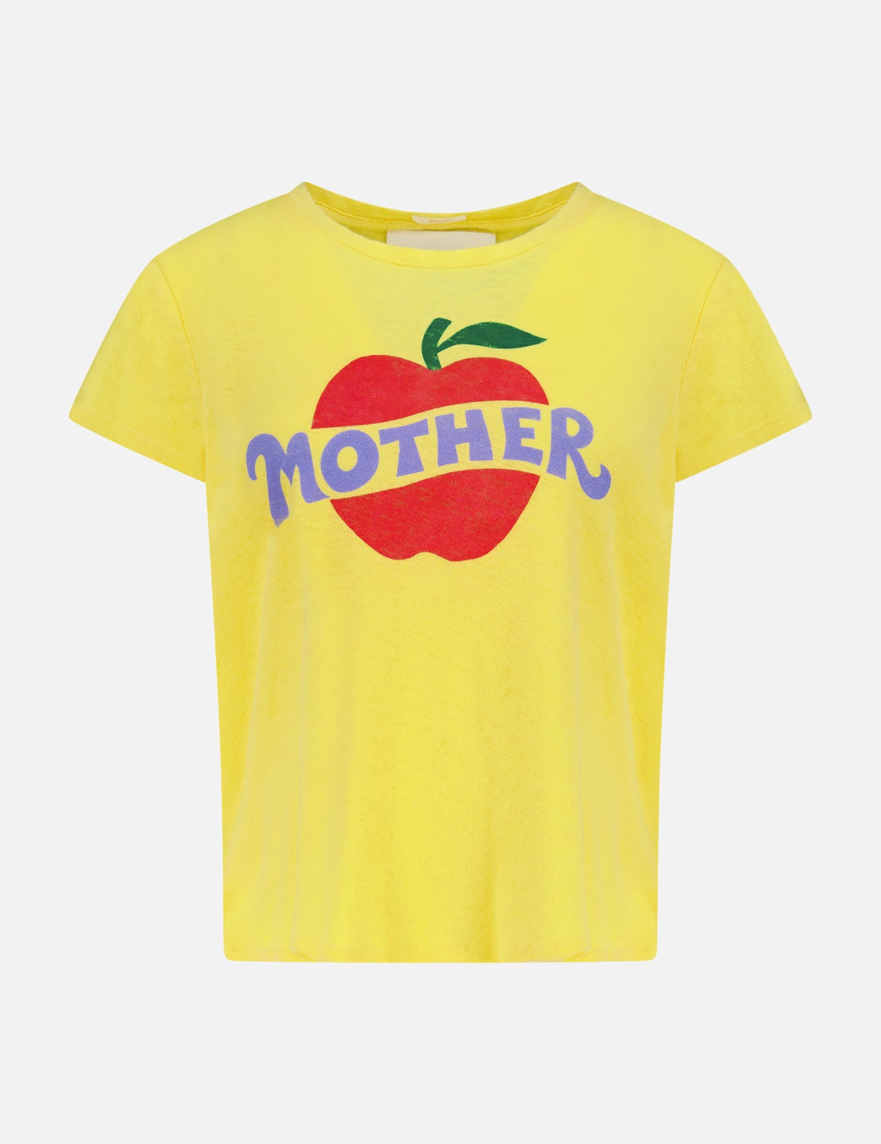 The Lil Sinful Apple T-shirt by MOTHER is a yellow cotton-linen blend tee featuring a large red apple with a green leaf and bold purple “MOTHER” lettering on the front for a vintage-inspired touch.