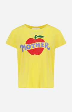 The Lil Sinful Apple T-shirt by MOTHER is a yellow cotton-linen blend tee featuring a large red apple with a green leaf and bold purple “MOTHER” lettering on the front for a vintage-inspired touch.