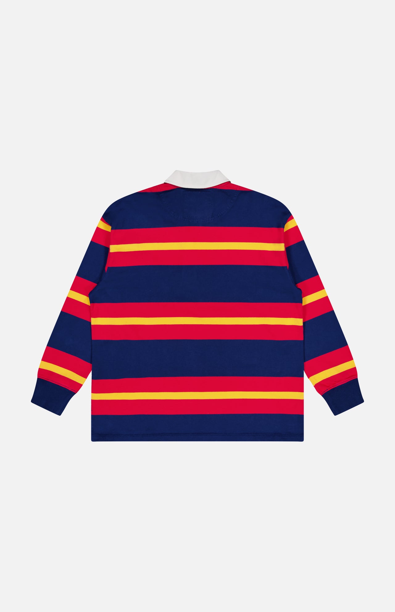 The Long Sleeve Huddle Shirt by MOTHER features thick navy, red, and yellow stripes, a white collar, and is crafted from recycled cotton. Shown from the back against a plain white background.