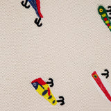 The Raglan Pullover Sweater by MOTHER is a beige 100% cotton top, playfully decorated with embroidered, colorful birds and caterpillars in bright blues, yellows, reds, and greens.