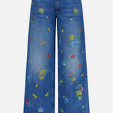 The Rerun Zip Sneak Floral Print Jeans by MOTHER feature a high-waisted wide-leg silhouette, colorful embroidered floral patterns on the front, front pockets, and a button closure for effortless style.