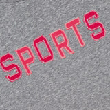 A close-up of The Rowdy Sports T-Shirt by MOTHER, featuring a grey crew neck design in heathered cotton-blend fabric.