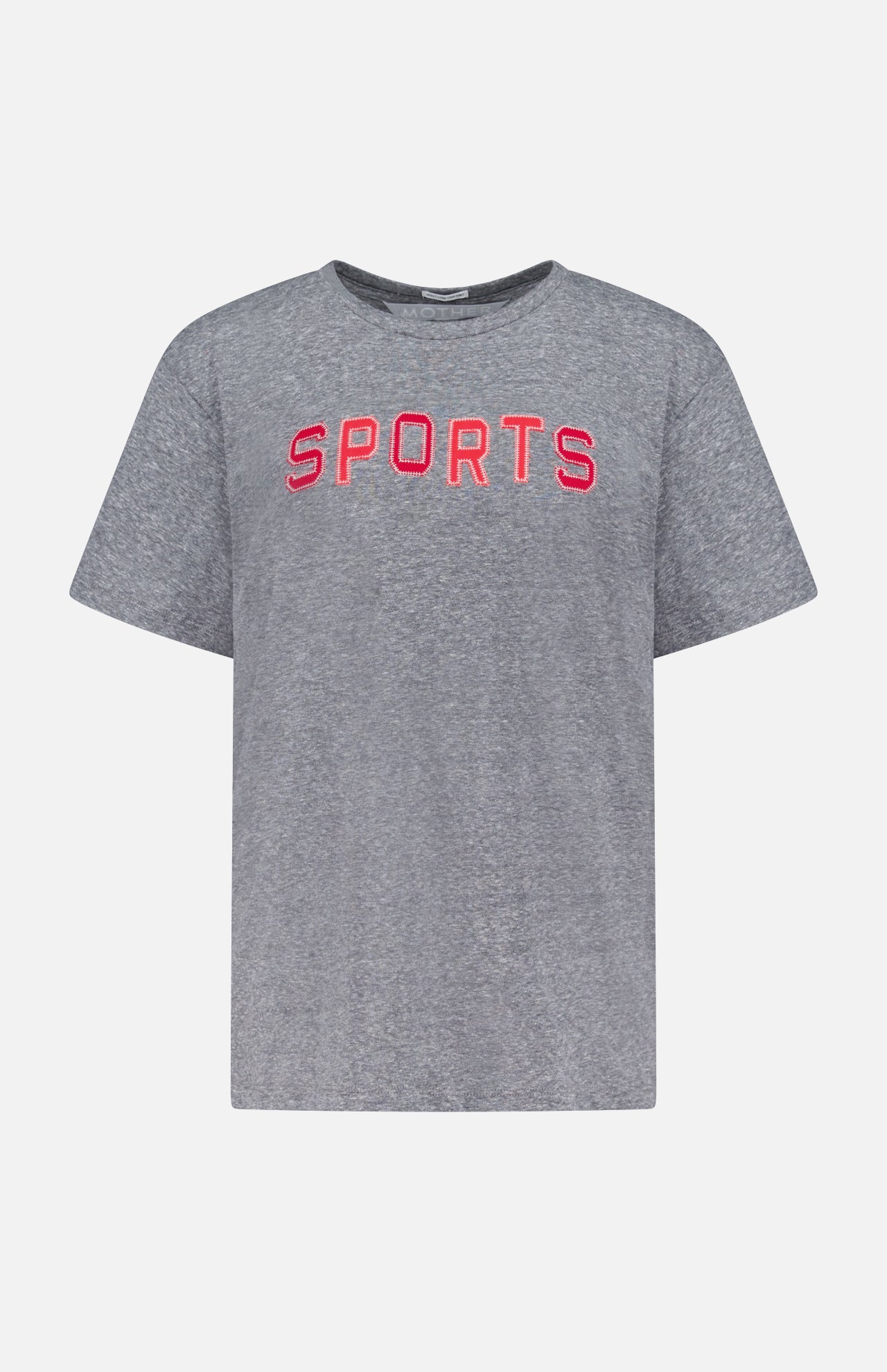 The Rowdy Sports T-Shirt by MOTHER is a grey, oversized crew neck made from heathered cotton-blend. It features bold red "SPORTS" lettering across the chest and is shown on a plain white background.