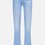 The Runaway Skinny Jean in Derby Doll by MOTHER features a light blue wash, mid-rise fit, button and zipper closure, front and back pockets, and subtle fading on the thighs, shown against a plain white background.