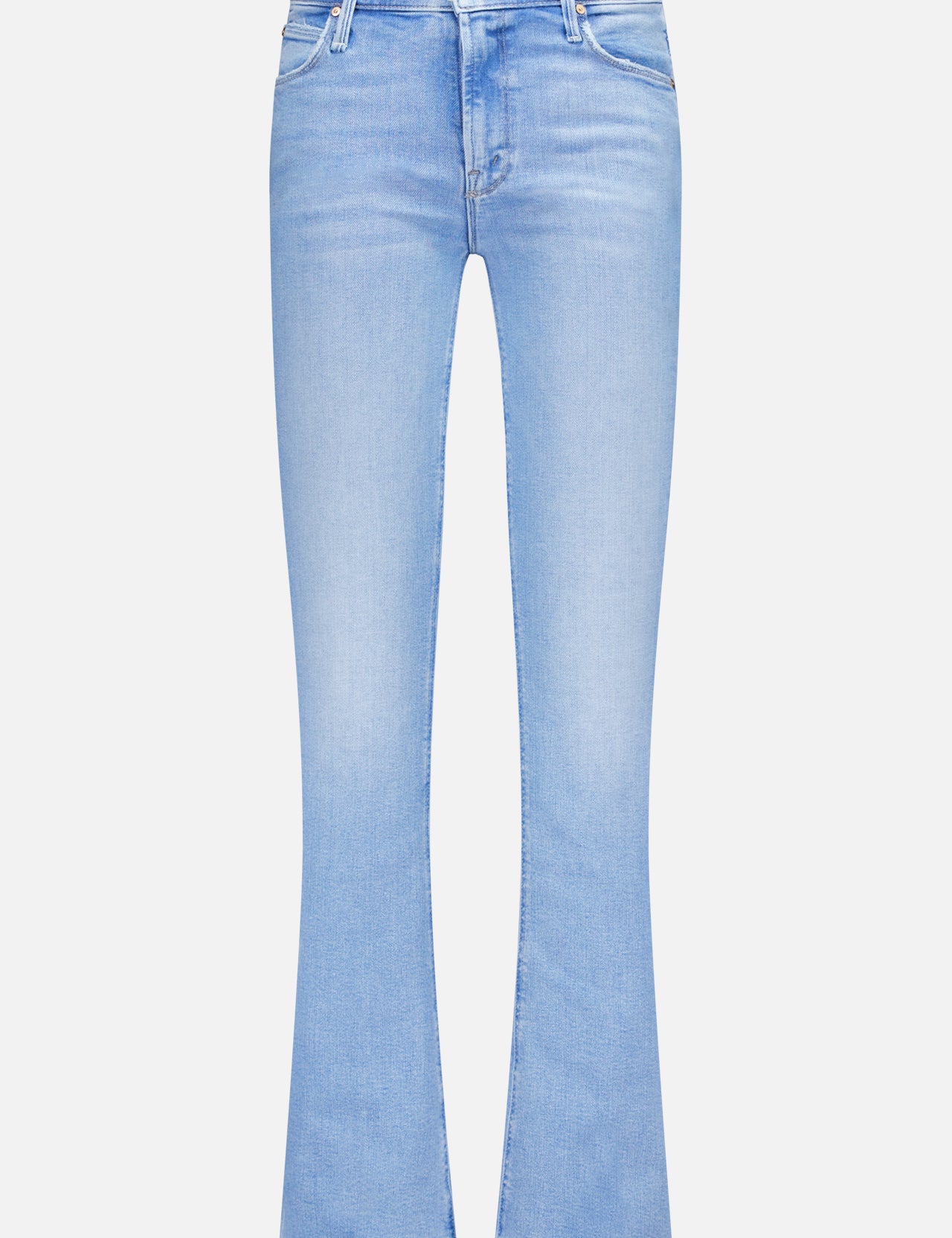The Runaway Skinny Jean in Derby Doll by MOTHER features a light blue wash, mid-rise fit, button and zipper closure, front and back pockets, and subtle fading on the thighs, shown against a plain white background.