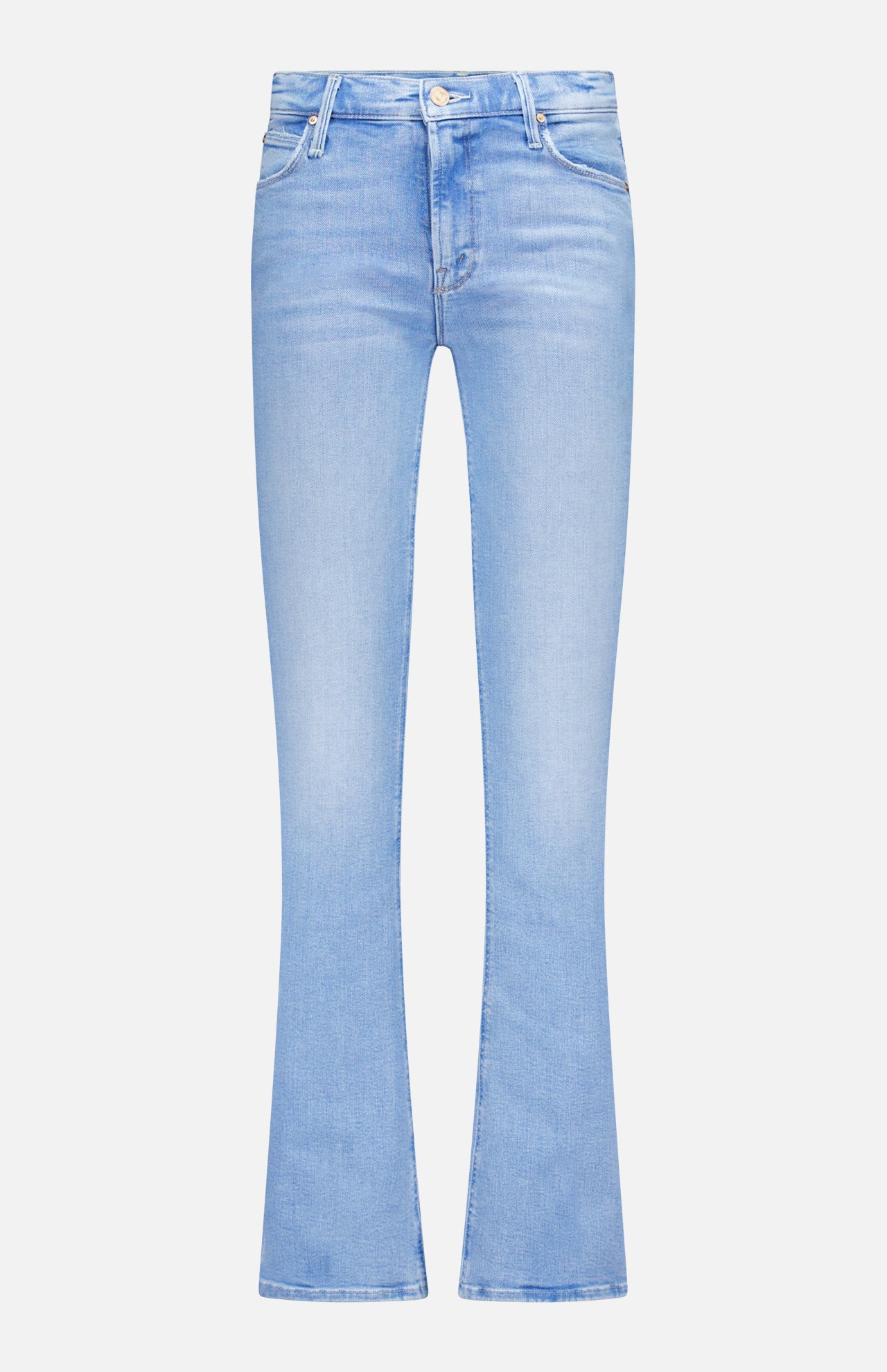 The Runaway Skinny Jean in Derby Doll by MOTHER features a light blue wash, mid-rise fit, button and zipper closure, front and back pockets, and subtle fading on the thighs, shown against a plain white background.