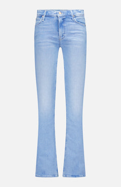 The Runaway Skinny Jean in Derby Doll by MOTHER features a light blue wash, mid-rise fit, button and zipper closure, front and back pockets, and subtle fading on the thighs, shown against a plain white background.