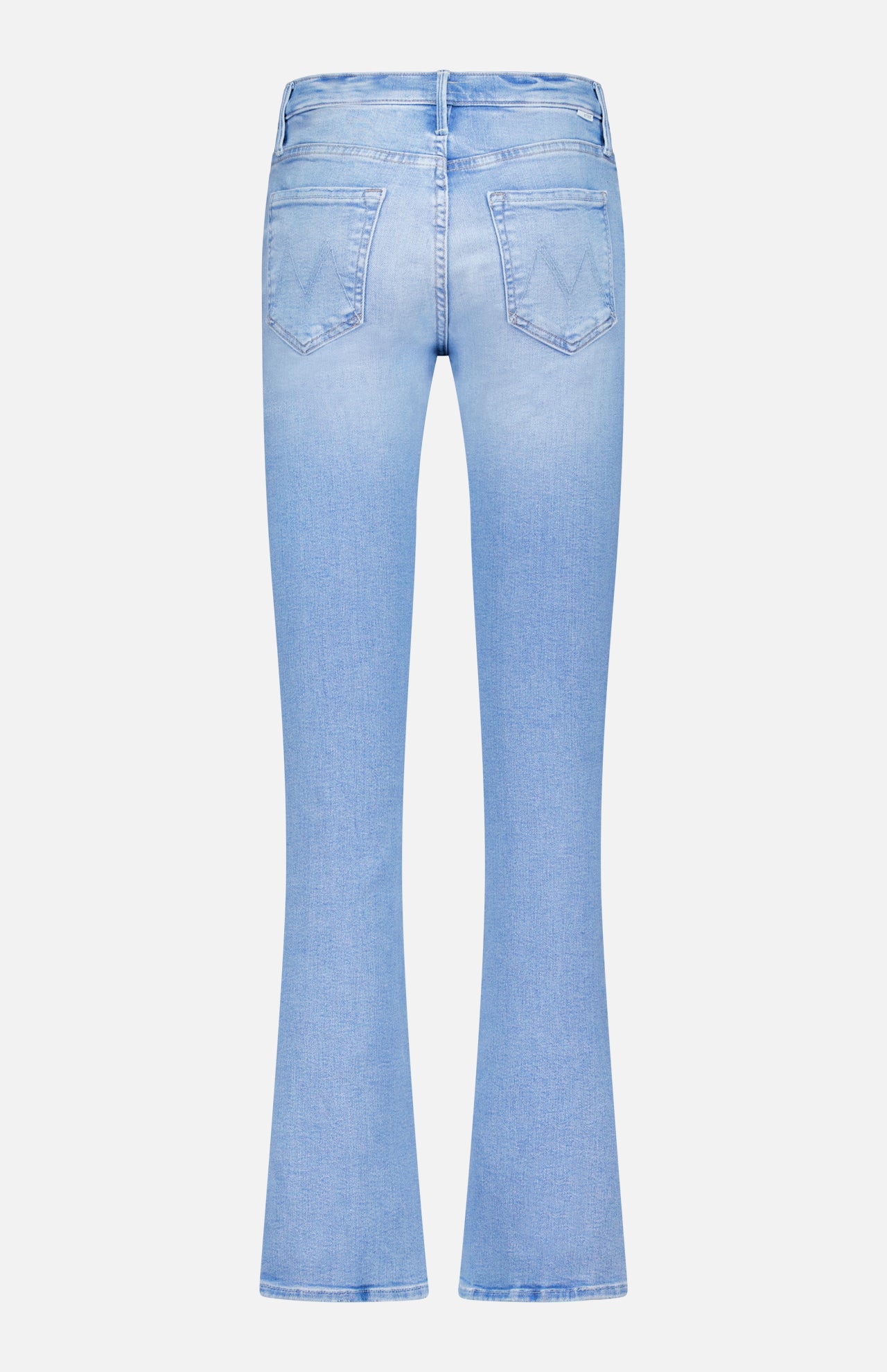 The Runaway Skinny Jean in Derby Doll by MOTHER is shown from the back in a light blue wash, featuring two rear pockets, a fitted mid-rise waist, visible stitching, and a subtle flare at the bottom of each leg.