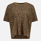 The Short Sleeve Boxy Ringer T-shirt by MOTHER is a brown crew neck top with short sleeves, featuring a striking black cheetah print. Crafted from a comfortable cotton-linen blend, it is shown against a plain white background.